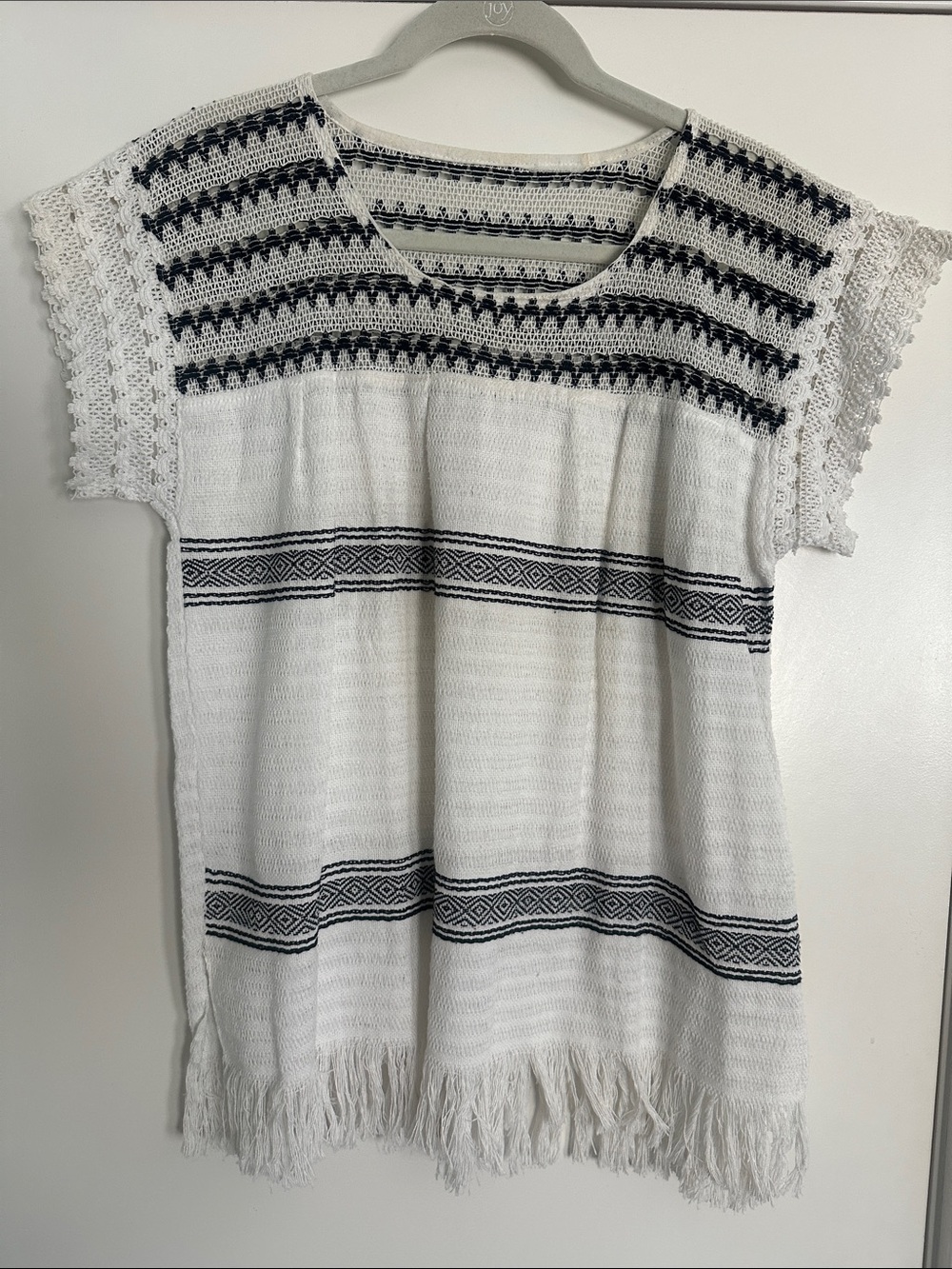 Authentic Mexican Top with Fringe Black and White